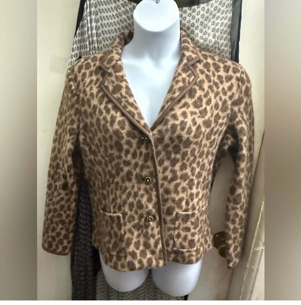 Talbots Petites Leopard Print 100% Merino Wool Blazer Jacket Size L